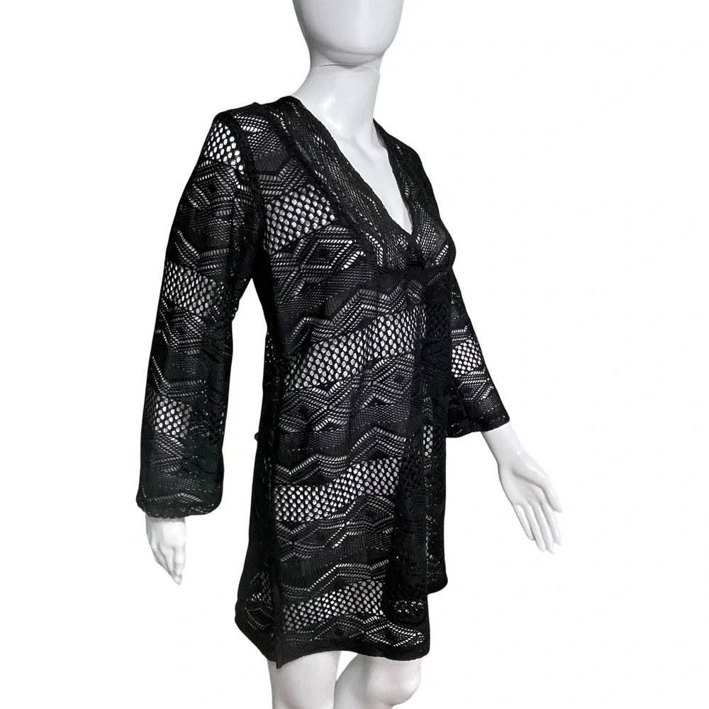 Black Crochet Knit V-Neck Swim Beach Cover Up Resortwear Dress Bell Sleeve - Picture 4 of 10